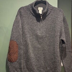 L.L. Bean Men's Charcoal Shetland Wool Quarter Zip Large + brown elbow patches
